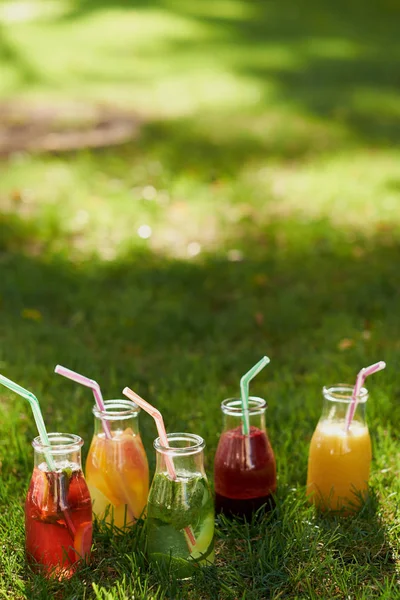 Здоровые детоксикации красочные напитки на зеленой траве — стоковое фото