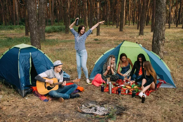Przyjaciele obiad piknik w lesie koncepcja muzyka gitara. — Zdjęcie stockowe