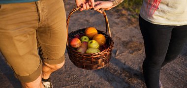 Çift yürüyüş gayrı çayır piknik sevgi kavramı.