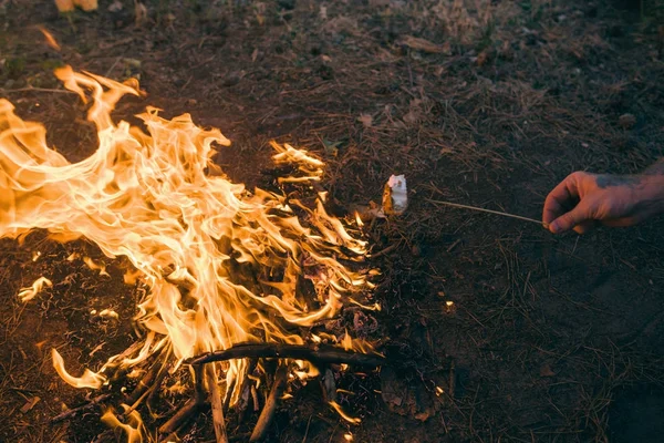 ピクニック カップル観光焚き火というコンセプト. — ストック写真