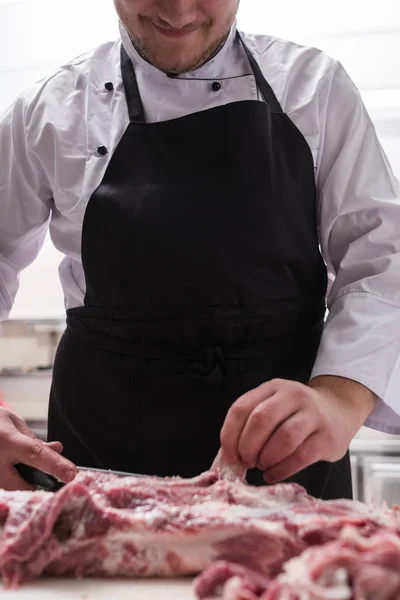 Restaurant chef lamb meat cutting ingredient meal — Stock Photo, Image