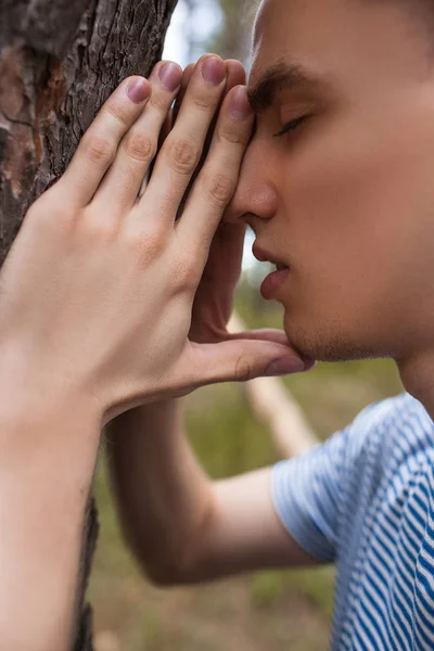 Modlit se pohledný muž lesní koncept. — Stock fotografie