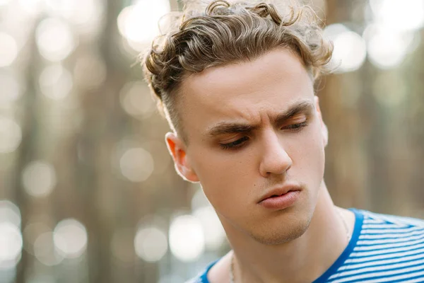 stock image Upset handsome hiker man nature concept.