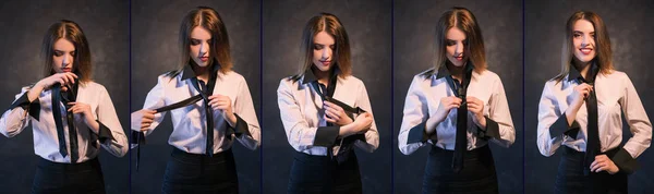 Woman knot tie helpful tutorial photo set process — Stock Photo, Image