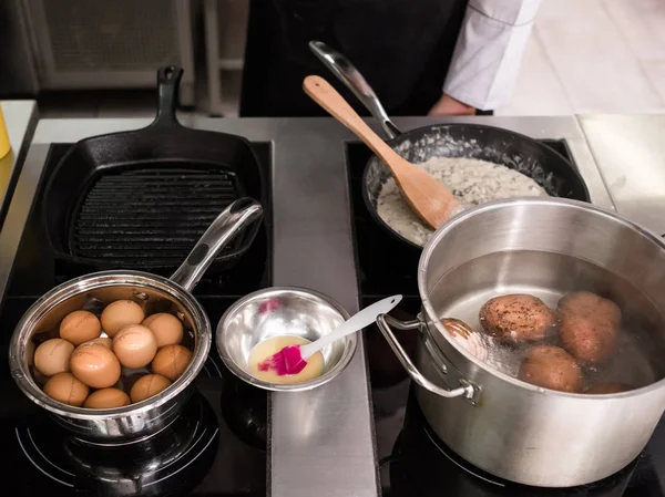 Eggs potatoes meal ingredients restaurant menu — Stock Photo, Image