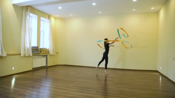 Sport gymnast calisthenics ribbon exercise dance — Stock Video