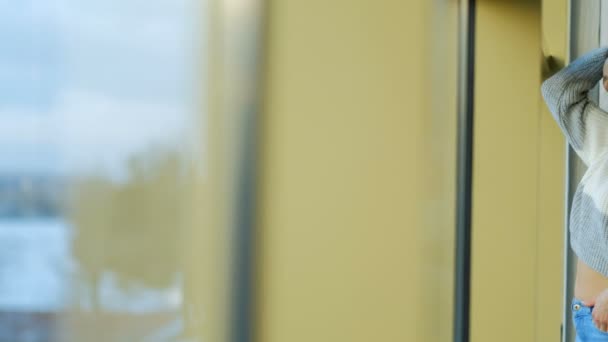 Adolescente bela menina casa lazer passatempo janela — Vídeo de Stock