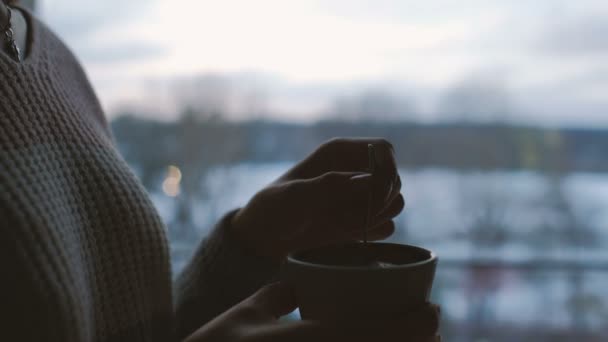 Vrije tijd ontspannen meisje roer drinken koffie huis schemering — Stockvideo