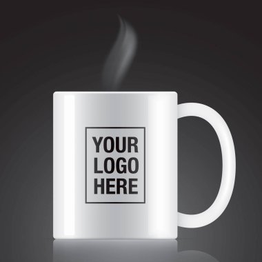 Beyaz vektör kahve fincanı şablonu siyah arka planda izole edilmiş. Beyaz vektör kahve fincanından buhar çıkıyor..