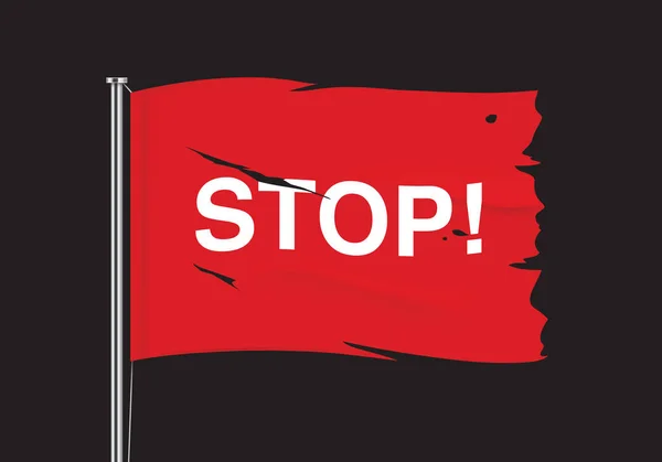 Zerrissene rote Flagge an einer Metallstange mit einem STOP-Schild. — Stockvektor