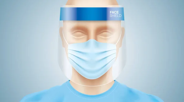 Hombre blanco con un escudo facial y máscara quirúrgica . — Vector de stock