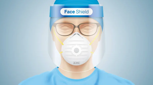 Médico con protector facial, gafas y máscara N95 . — Vector de stock