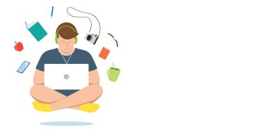 Dizüstü bilgisayarı olan genç bir adam havada süzülüyor.. 