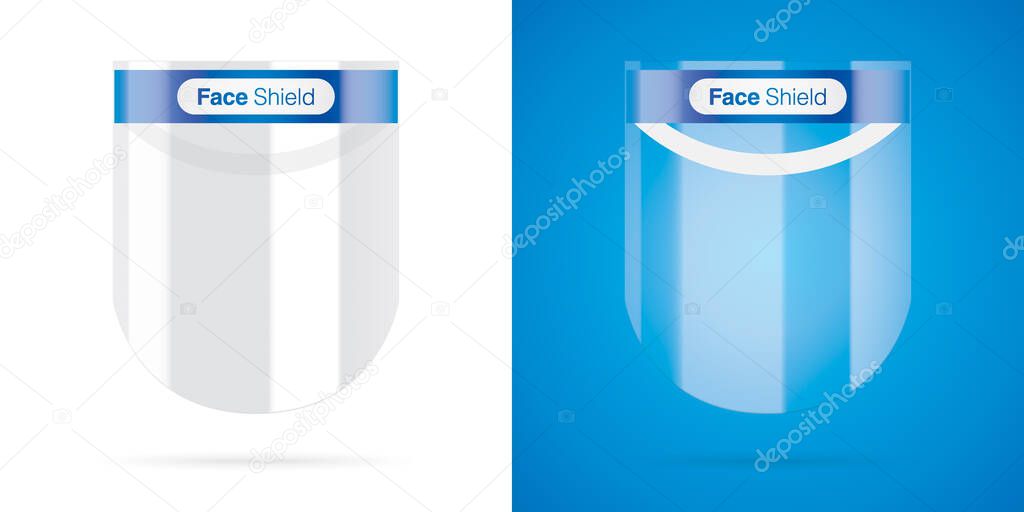 Set of face shields on different backgrounds.