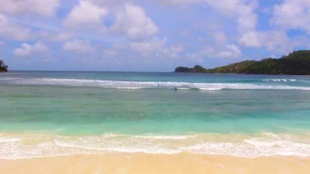 Vista aérea dos surfistas, praia de Baie Lazare, ilha de Mahe, Seychelles 9 — Vídeo de Stock