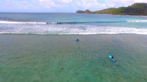 Vista aérea de los surfistas, Playa de Baie Lazare, Isla Mahe, Seychelles 1 — Vídeo de stock