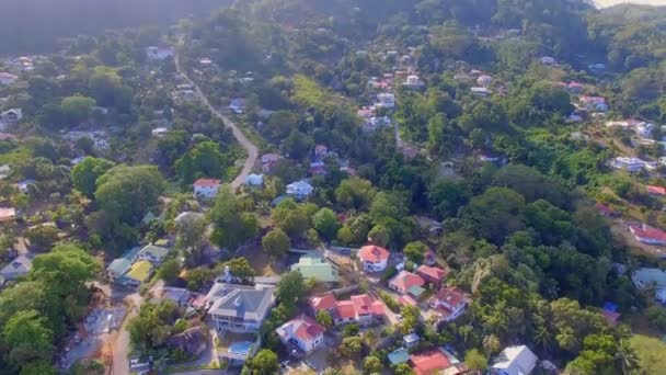 Antenowe panoramy pionowe domy w górach, plaży Beau Vallon, Seszele — Wideo stockowe