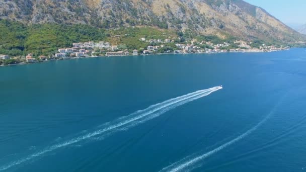 コトル桟橋と Boka Kotorska モンテネグロ 山の空撮 — ストック動画