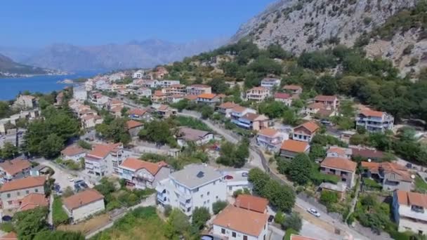 Aerial Panorama Kotor Town Bay Mountains Черногория — стоковое видео