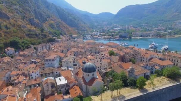 Aerial View Kotor Old Town Bay Черногория — стоковое видео