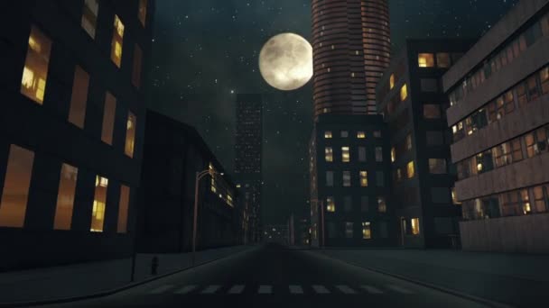Empty city district at night and full moon animation 2 — Stock Video