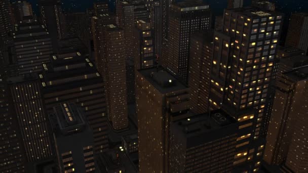 Luftaufnahme aus dem Hubschrauber von einer leeren Stadt in der Nacht 3d Animation 1 Stockvideo