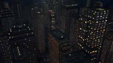 Gece 3 boyutlu animasyon 2 'de boş bir şehrin hava helikopteri görüntüsü.