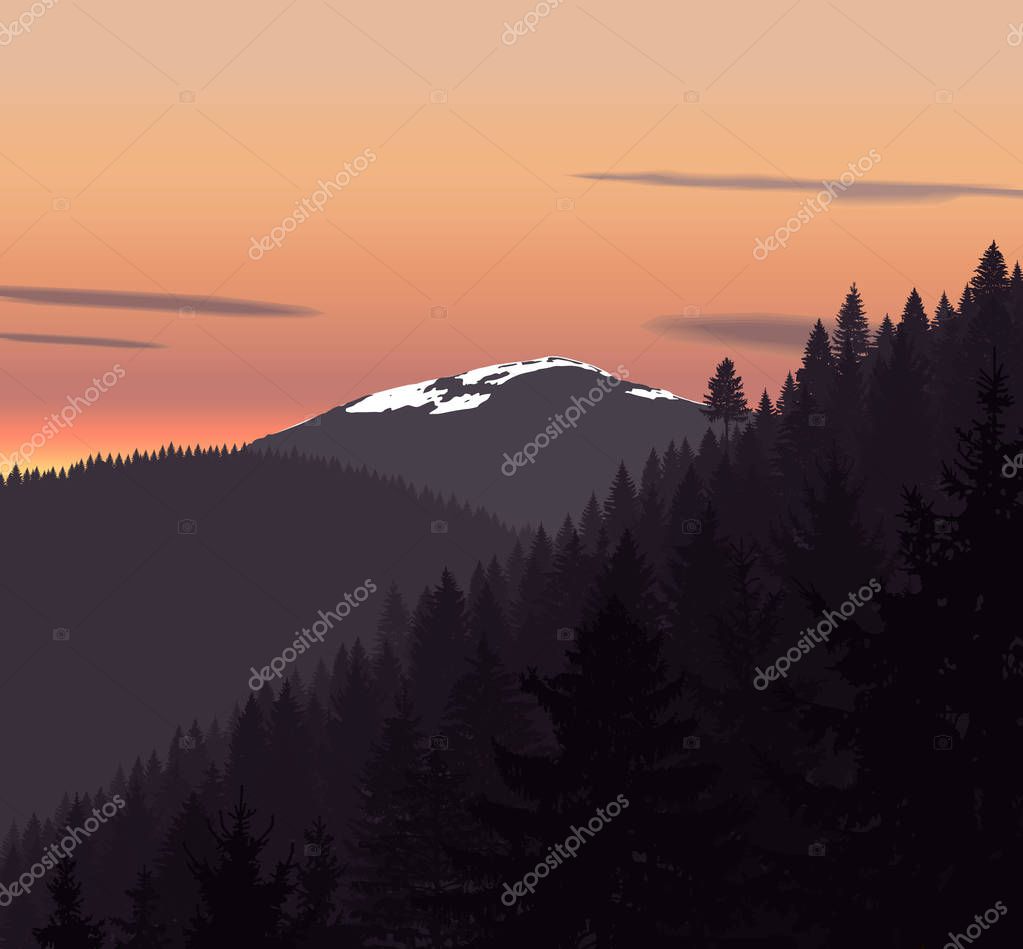 Panorama of mountains. Silhouette of mountains with snow and coniferous trees on the background of colorful sky with clouds. Can be used as eco banner.
