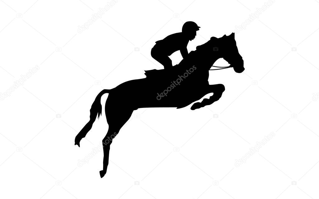 Horse race. Equestrian sport. Silhouette of racing horse with jockey. Jumping. Second step.