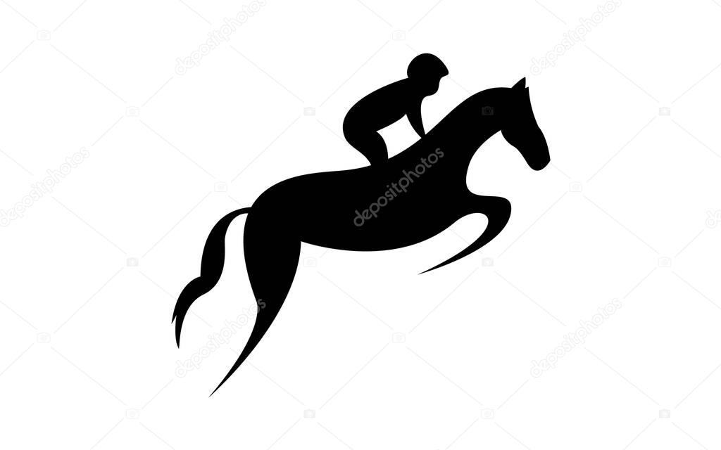 Simplified horse race.  Equestrian sport. Silhouette of racing horse with jockey. Jumping. Second step.