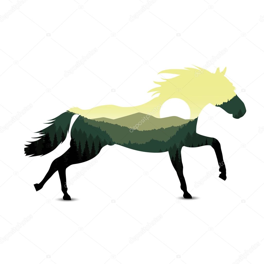 Image silhouette of horse with mountain landscape. Green and yellow tones.