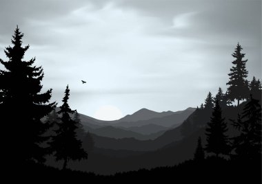 Doğa arka plan Dağları Panoraması. Renkli günbatımı vahşi Vadisi'nde. Rüzgarlı gökyüzü. Gri tonları.