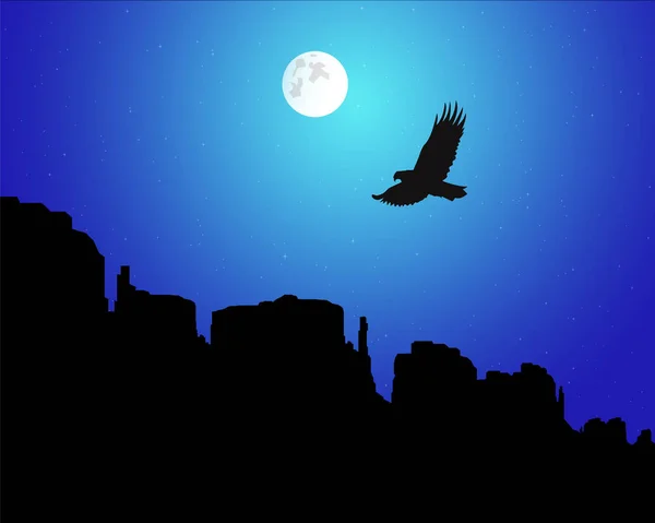 Western desert. Rocks. Flying eagle. Night sky. Moonlight.
