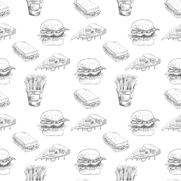 手描きのファーストフードのパターン。ハンバーガー、ピザ、フライド ポテトは、イラストを詳しく説明します。レストランのメニューやバナーに最適 — ストックベクタ