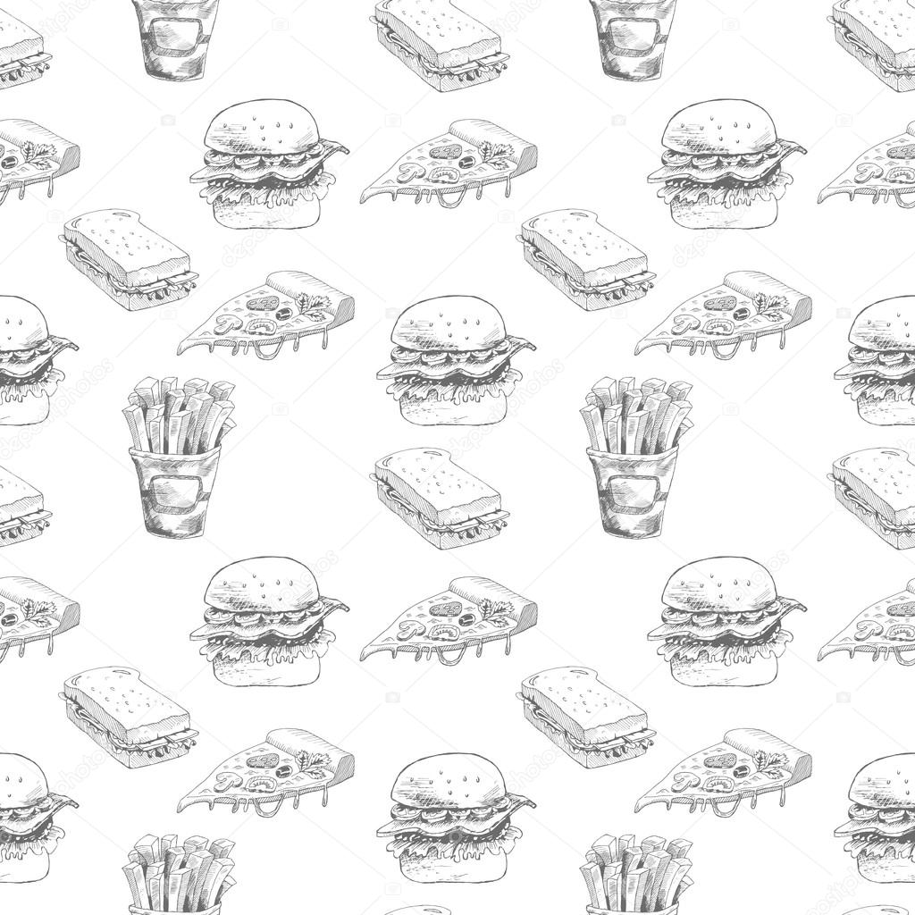 Hand drawn fast food pattern. Burger, pizza, french fries detailed illustrations. Great for restaurant menu or banner