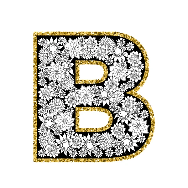 Hand drawn floral alphabet design. Gold glittering contour. Letter B. — Διανυσματικό Αρχείο