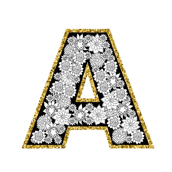 El çiçekli alfabe tasarım çekilmiş. Altın ışıltılı dağılımı. A harfi. — Stok Vektör