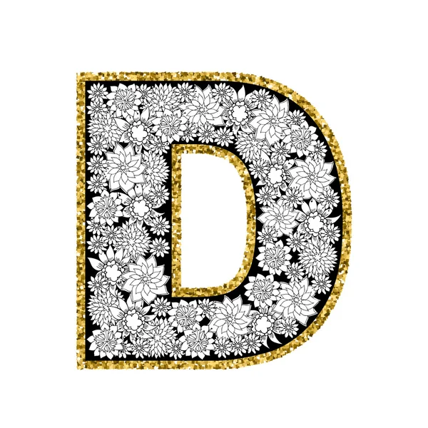 Hand drawn floral alphabet design. Gold glittering contour. Letter D. — Διανυσματικό Αρχείο