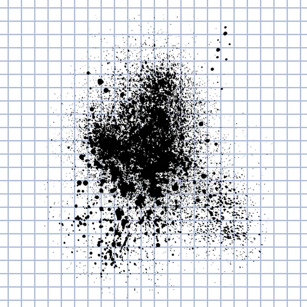 Manchas de tinta vectorial en el papel a cuadros. Salpicadura de tinta azul . — Archivo Imágenes Vectoriales