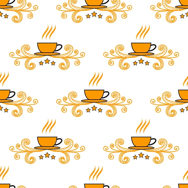 手描きのお茶やコーヒーカップとシームレスなパターン. — ストックベクタ