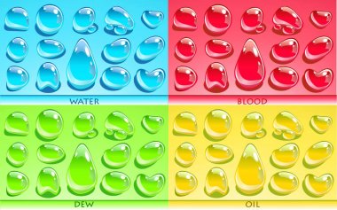 Sets with different liquid drops - water, dew, oil, blood. NO TRANSPARENCY. clipart