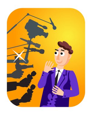 Röportaj. Hoparlör adam. Basın toplantısı. Haberler. Canlı raporu, Haberler canlı. Gazetecilerin mikrofon ve Kameralar ile daha fazla el.