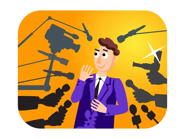 Interview. Speaker man. Press conference. News. Live report, live news. Many hands of journalists with microphones and cameras. — Stock Vector