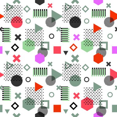 Trendy memphis kartları. Soyut seamless modeli. Retro tarzı doku, desen ve geometrik öğeleri. Modern soyut tasarım poster, kapak, kart tasarımı.