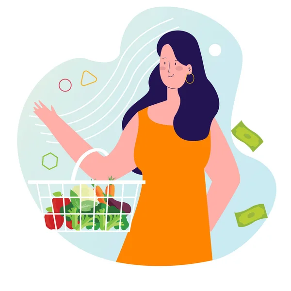 Kadın alışverişi marketten organik yeşil sebzelerle alışveriş yapıyor. yemek için para harcamak