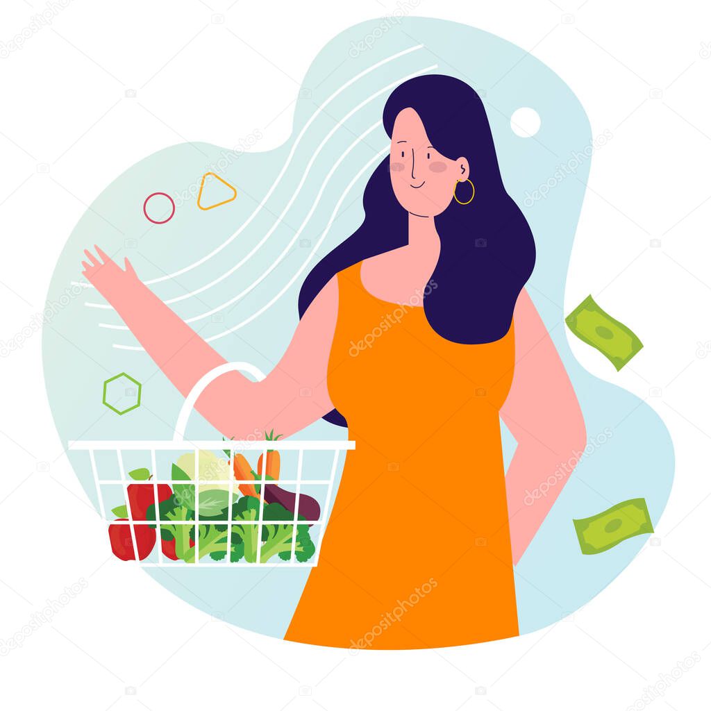 Woman shopping buy groceries in store with basket of organic green vegetables. spending money for food