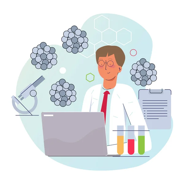 Scienziato che lavora su laboratorio con microscopio corona virus ricerca scienza biotecnologia indossando cappotto con laptop — Vettoriale Stock