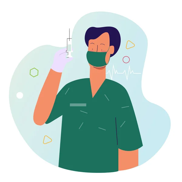 Doctor with mask and uniform holding syringe. Prepare for injection immunization vaccination medical procedure
