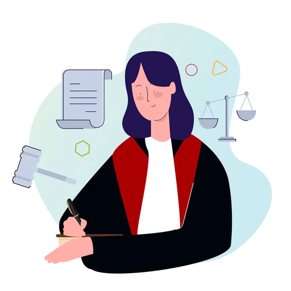 Female judge professional lawyer legislation character person career with hammer gavel justice equality symbol — Stockvector