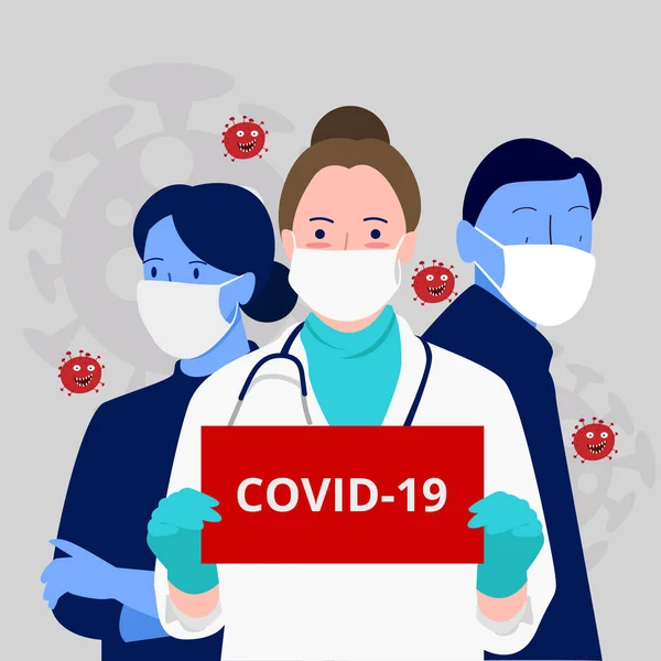 Equipo de médicos trabajadores médicos y pacientes con máscaras para evitar el virus de la corona covid-19, concepto médico — Archivo Imágenes Vectoriales